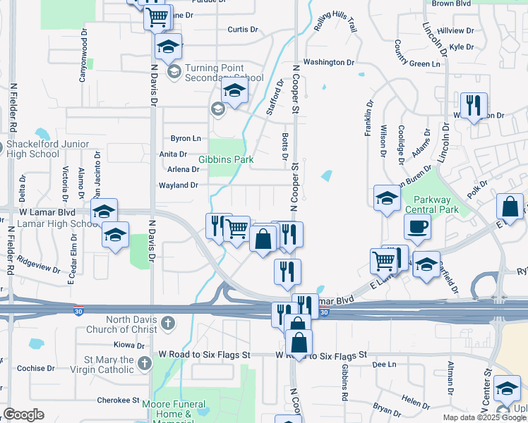 map of restaurants, bars, coffee shops, grocery stores, and more near 1901 Cleburn Drive in Arlington