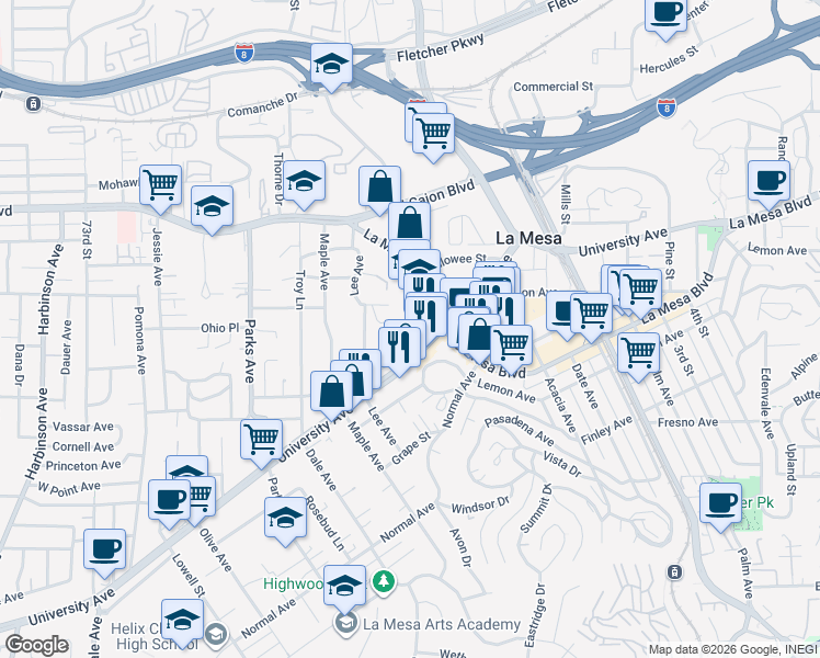 map of restaurants, bars, coffee shops, grocery stores, and more near 7847 Suncrest Drive in La Mesa