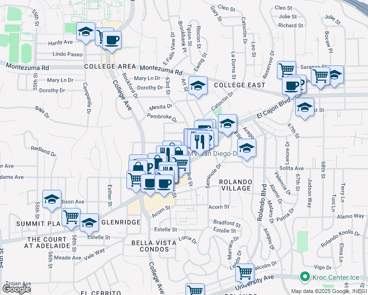 map of restaurants, bars, coffee shops, grocery stores, and more near 4739 63rd Street in San Diego