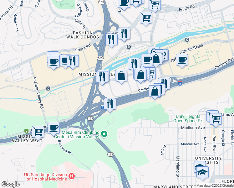 map of restaurants, bars, coffee shops, grocery stores, and more near 588 Camino Del Rio North in San Diego