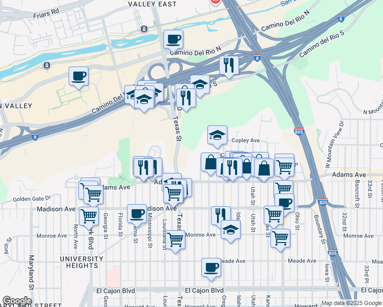map of restaurants, bars, coffee shops, grocery stores, and more near 4780 Arizona Street in San Diego