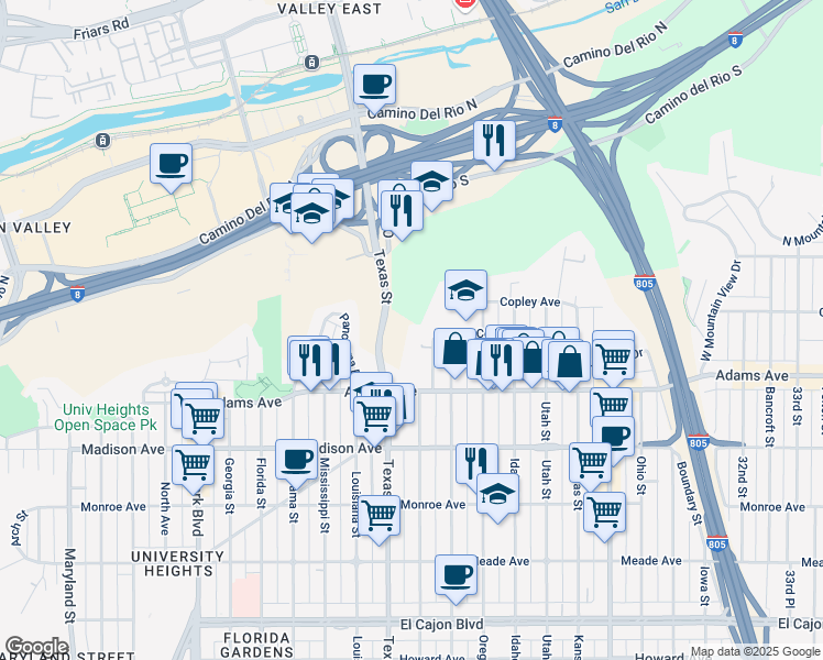 map of restaurants, bars, coffee shops, grocery stores, and more near 4794 Arizona Street in San Diego