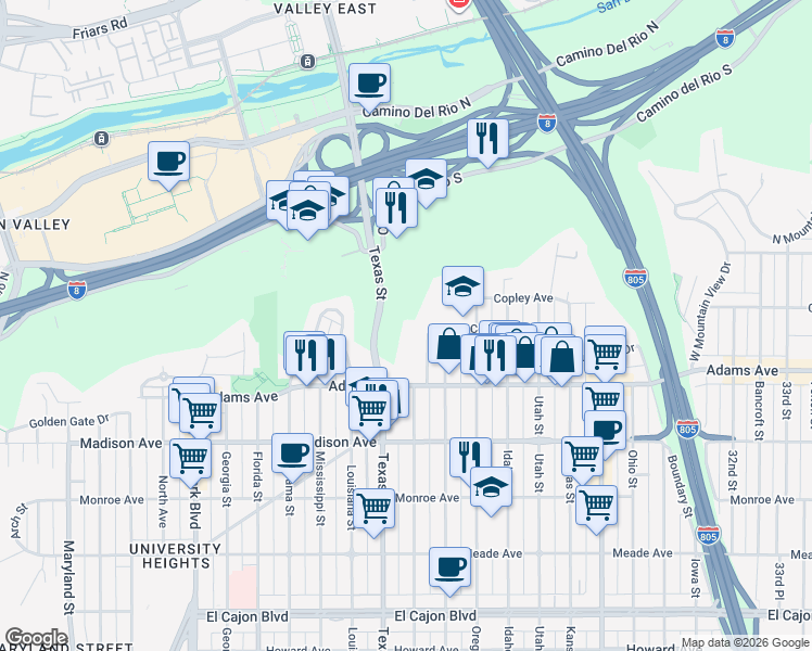map of restaurants, bars, coffee shops, grocery stores, and more near 4794 Arizona Street in San Diego