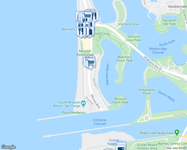 map of restaurants, bars, coffee shops, grocery stores, and more near 2859 Bayside Lane in San Diego