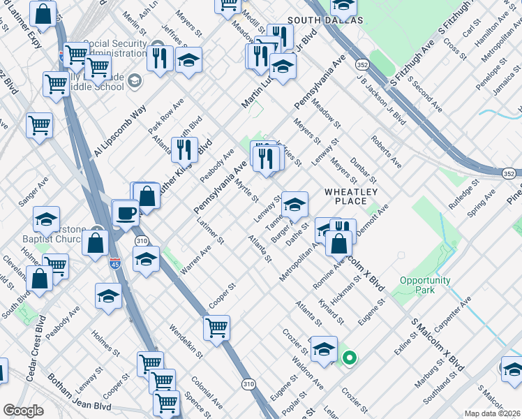 map of restaurants, bars, coffee shops, grocery stores, and more near 2623 Lenway Street in Dallas