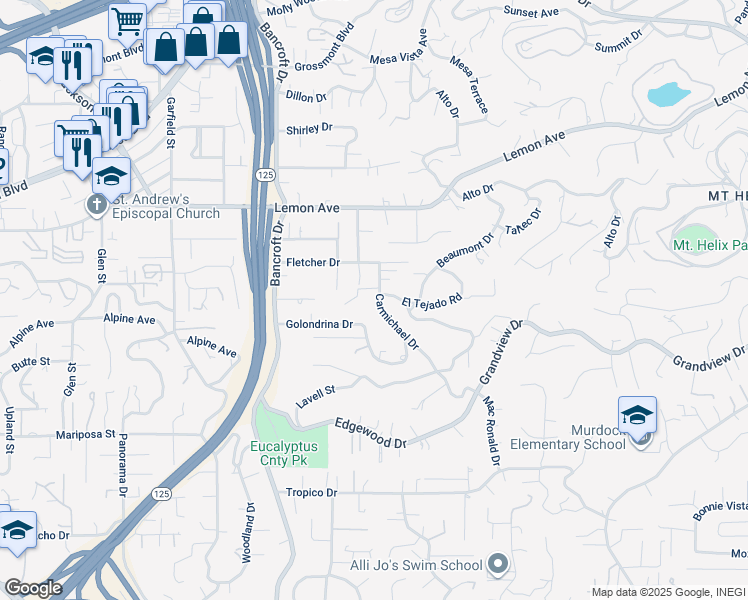 map of restaurants, bars, coffee shops, grocery stores, and more near 9321 Carmichael Drive in La Mesa
