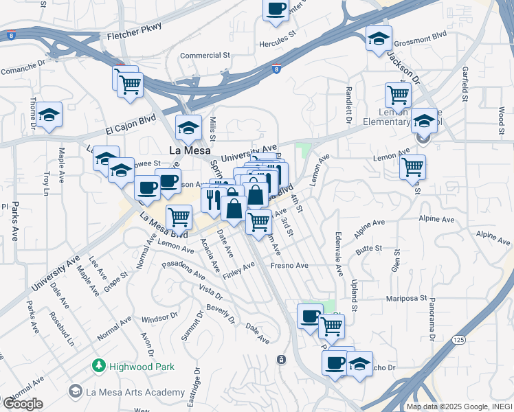 map of restaurants, bars, coffee shops, grocery stores, and more near 8273 La Mesa Boulevard in La Mesa