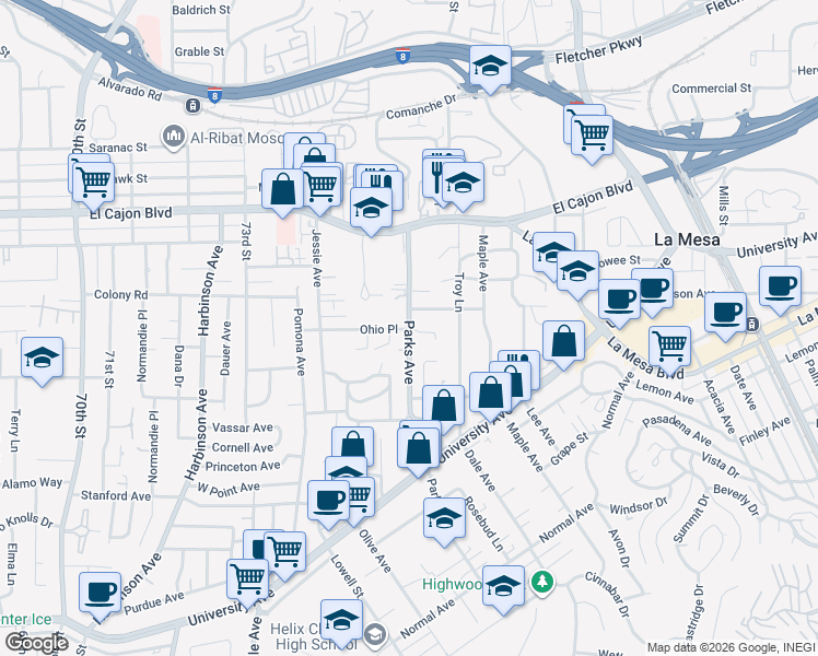 map of restaurants, bars, coffee shops, grocery stores, and more near 4672 Parks Avenue in La Mesa