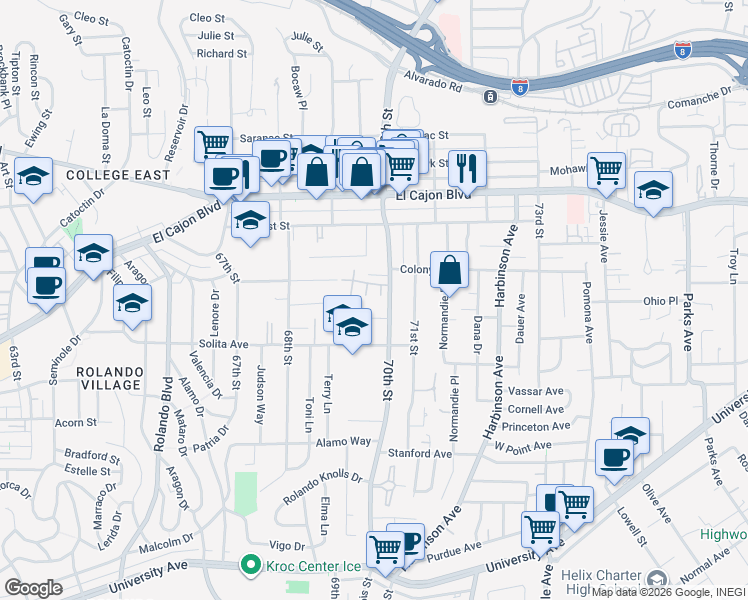 map of restaurants, bars, coffee shops, grocery stores, and more near 6930 Adams Avenue in La Mesa