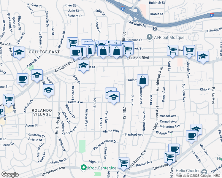 map of restaurants, bars, coffee shops, grocery stores, and more near 6869 Orola Lane in La Mesa