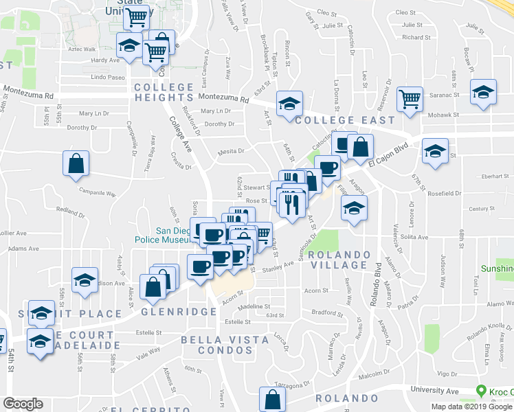 map of restaurants, bars, coffee shops, grocery stores, and more near 6244 El Cajon Boulevard in San Diego