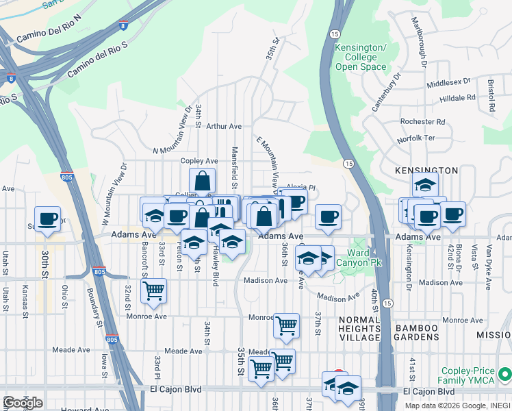 map of restaurants, bars, coffee shops, grocery stores, and more near 4753 35th Street in San Diego