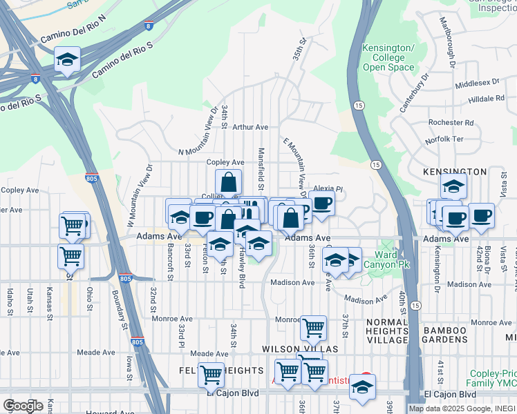 map of restaurants, bars, coffee shops, grocery stores, and more near 4754 Mansfield Street in San Diego