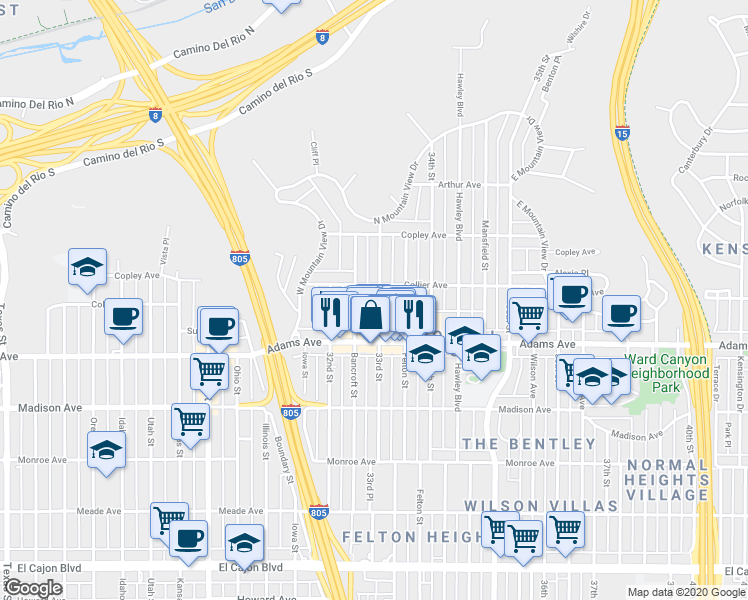 map of restaurants, bars, coffee shops, grocery stores, and more near 4744 1/2 33rd Street in San Diego