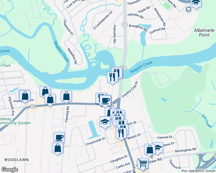 map of restaurants, bars, coffee shops, grocery stores, and more near 125C Wappoo Creek Drive in Charleston