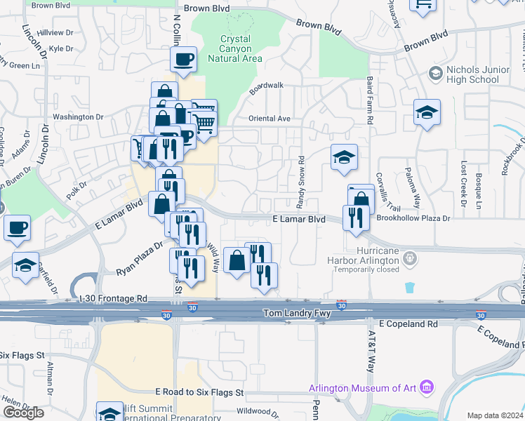 map of restaurants, bars, coffee shops, grocery stores, and more near 1200 East Lamar Boulevard in Arlington