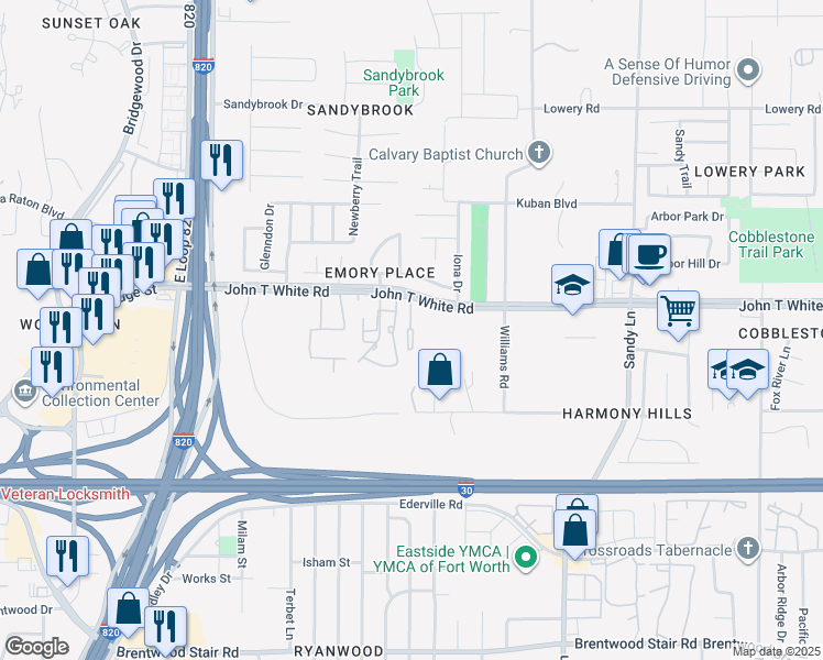 map of restaurants, bars, coffee shops, grocery stores, and more near 1065 Whisper Woods Circle in Fort Worth