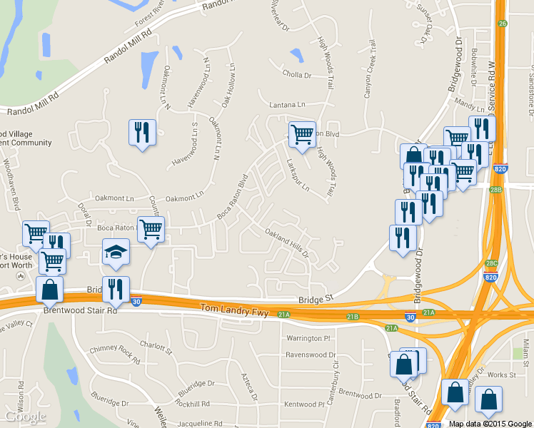 map of restaurants, bars, coffee shops, grocery stores, and more near 5900 Stoneybrook Drive in Fort Worth