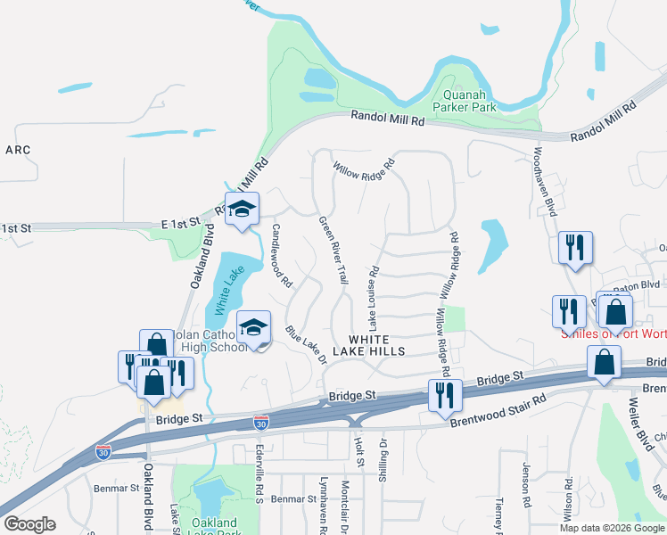 map of restaurants, bars, coffee shops, grocery stores, and more near 712 Green River Trail in Fort Worth