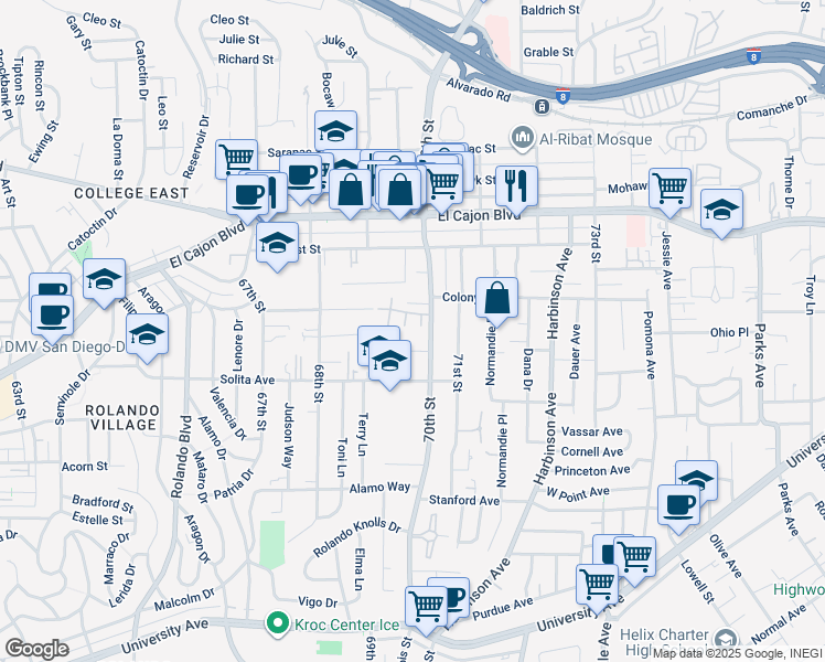 map of restaurants, bars, coffee shops, grocery stores, and more near 6930 Adams Avenue in La Mesa