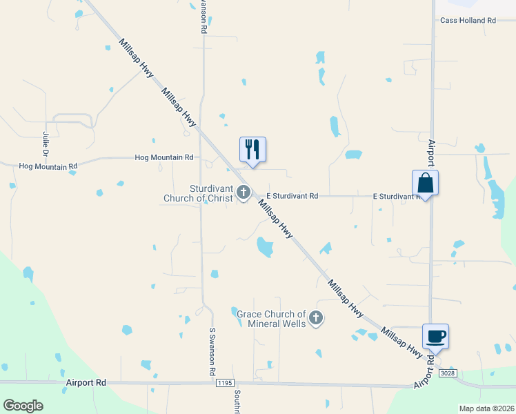 map of restaurants, bars, coffee shops, grocery stores, and more near 2092 Millsap Highway in Mineral Wells