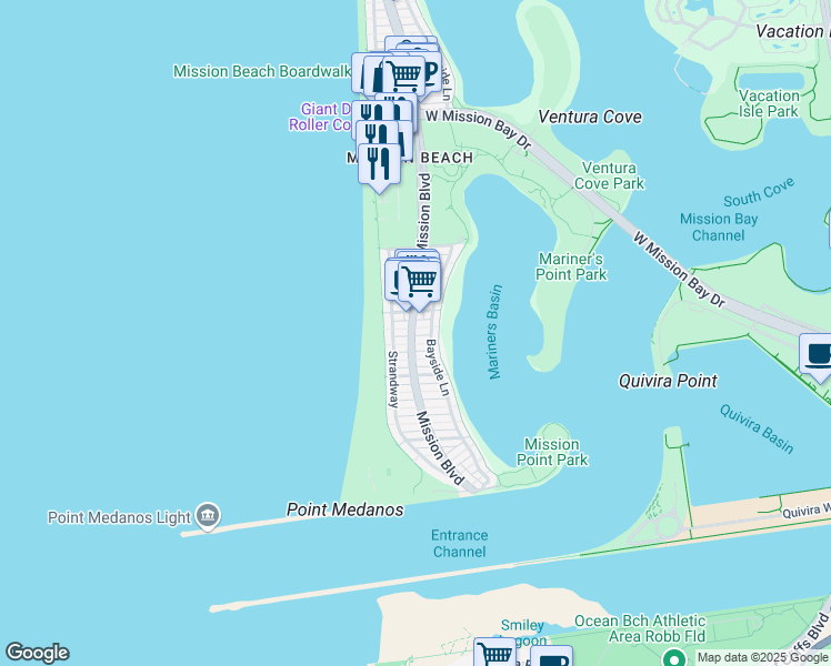 map of restaurants, bars, coffee shops, grocery stores, and more near 2867 Mission Boulevard in San Diego
