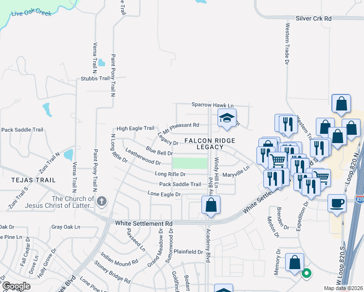 map of restaurants, bars, coffee shops, grocery stores, and more near 9953 Legacy Drive in Fort Worth