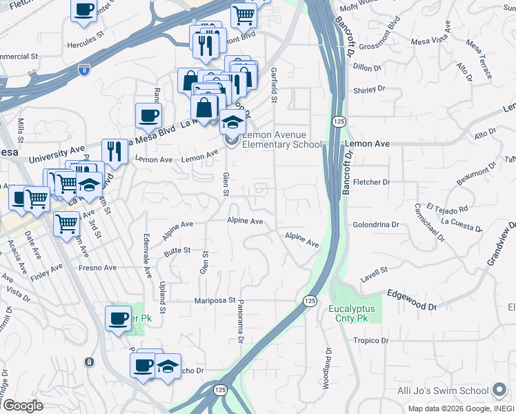 map of restaurants, bars, coffee shops, grocery stores, and more near 8785 Glenira Avenue in La Mesa