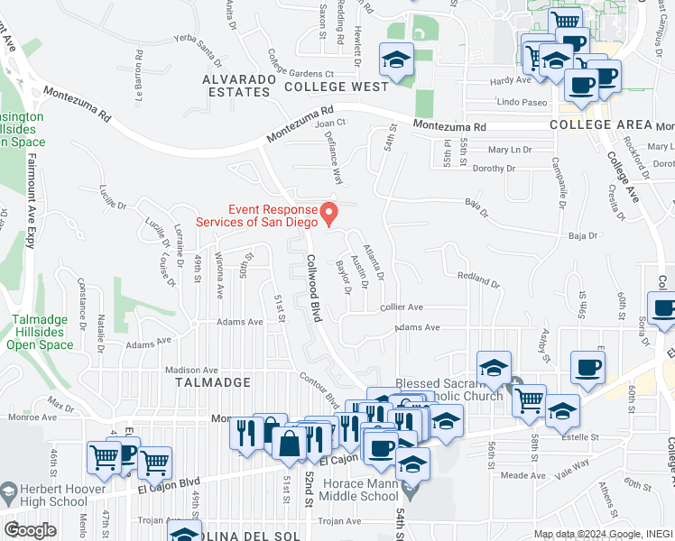 map of restaurants, bars, coffee shops, grocery stores, and more near 4810 Baylor Drive in San Diego
