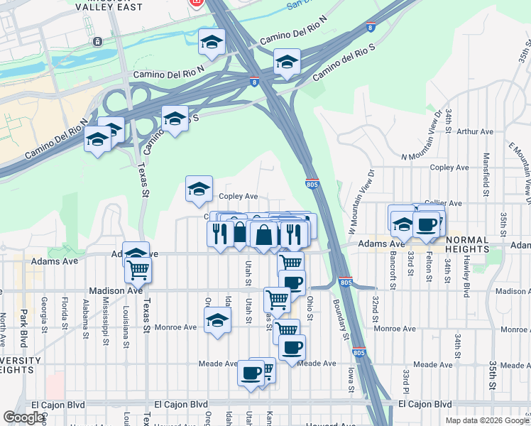 map of restaurants, bars, coffee shops, grocery stores, and more near 2877 Collier Avenue in San Diego