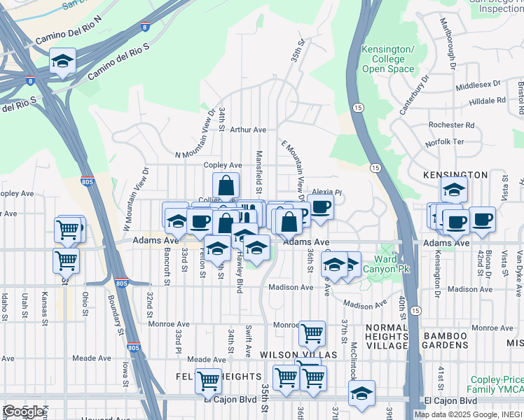 map of restaurants, bars, coffee shops, grocery stores, and more near 4781 Mansfield Street in San Diego