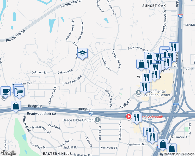 map of restaurants, bars, coffee shops, grocery stores, and more near 6024 Stoneybrook Drive in Fort Worth