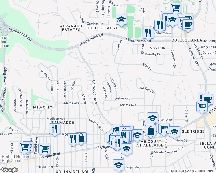 map of restaurants, bars, coffee shops, grocery stores, and more near 4750 Austin Drive in San Diego