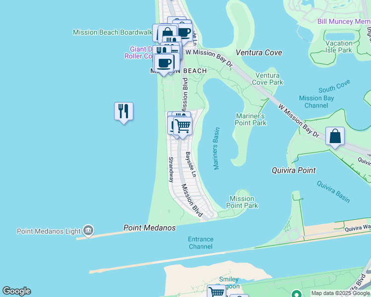 map of restaurants, bars, coffee shops, grocery stores, and more near 2842 Bayside Walk in San Diego
