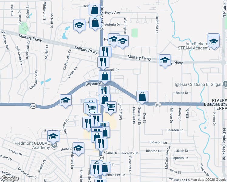 map of restaurants, bars, coffee shops, grocery stores, and more near 3210 Buckner Boulevard in Dallas