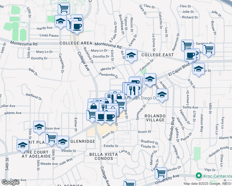 map of restaurants, bars, coffee shops, grocery stores, and more near 6244 El Cajon Boulevard in San Diego