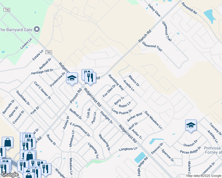 map of restaurants, bars, coffee shops, grocery stores, and more near 618 Rockbrook Drive in Forney