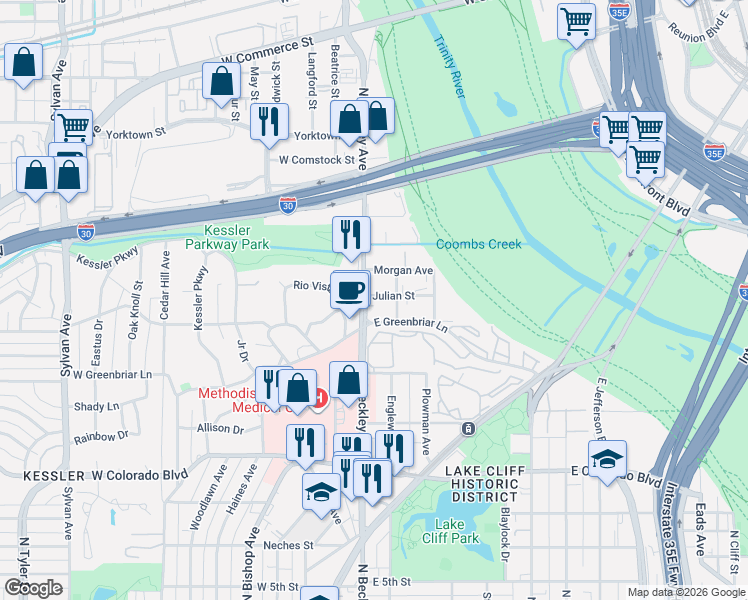 map of restaurants, bars, coffee shops, grocery stores, and more near 119 East Greenbriar Lane in Dallas