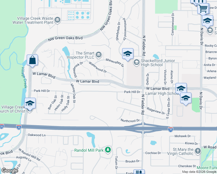 map of restaurants, bars, coffee shops, grocery stores, and more near 1809 Park Hill Drive in Arlington