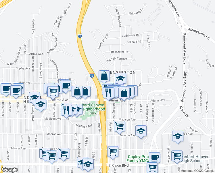map of restaurants, bars, coffee shops, grocery stores, and more near Alder Dr & Terrace Dr in San Diego
