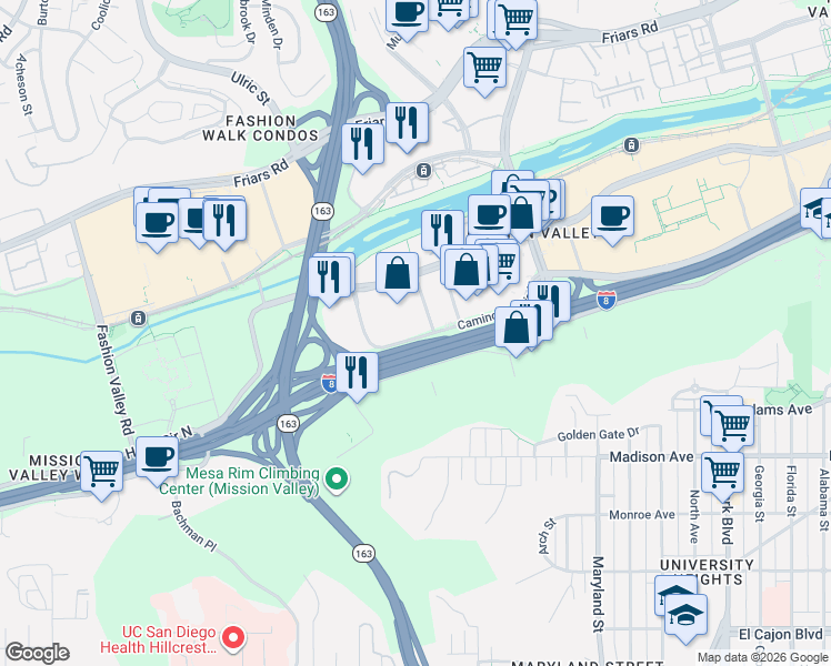 map of restaurants, bars, coffee shops, grocery stores, and more near 588 Camino Del Rio North in San Diego