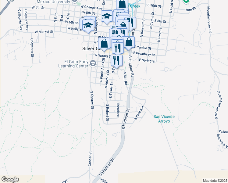 map of restaurants, bars, coffee shops, grocery stores, and more near 105 South Bullard Street in Silver City