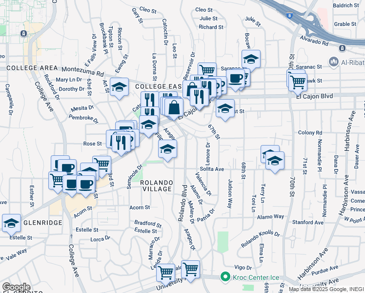 map of restaurants, bars, coffee shops, grocery stores, and more near 4766 Rolando Boulevard in San Diego