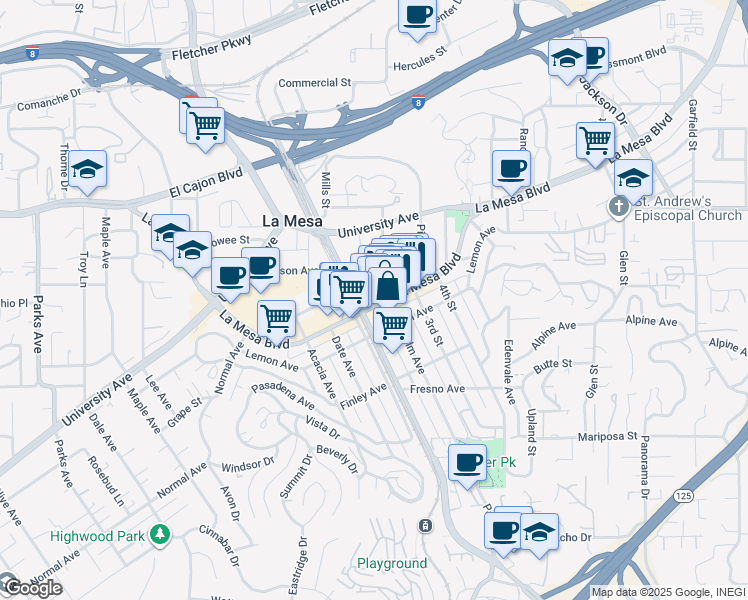 map of restaurants, bars, coffee shops, grocery stores, and more near 8274 La Mesa Boulevard in La Mesa