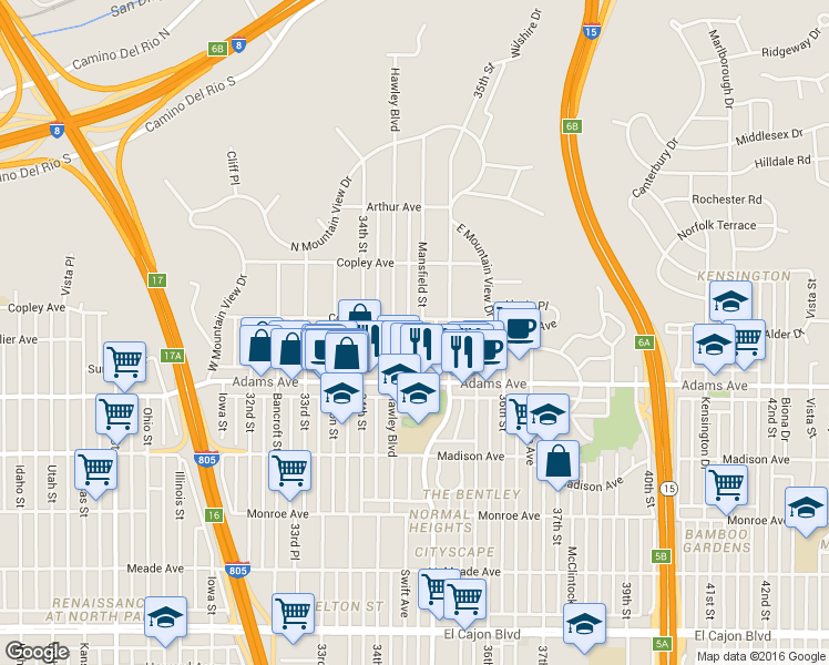 map of restaurants, bars, coffee shops, grocery stores, and more near 4754 Mansfield Street in San Diego