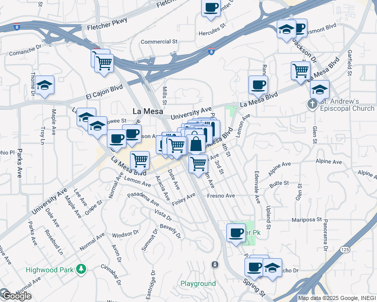 map of restaurants, bars, coffee shops, grocery stores, and more near 8274 La Mesa Boulevard in La Mesa