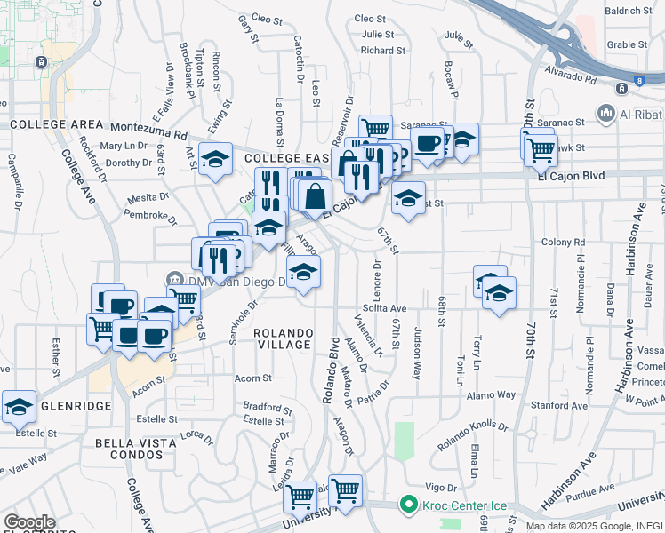 map of restaurants, bars, coffee shops, grocery stores, and more near 4766 Rolando Boulevard in San Diego