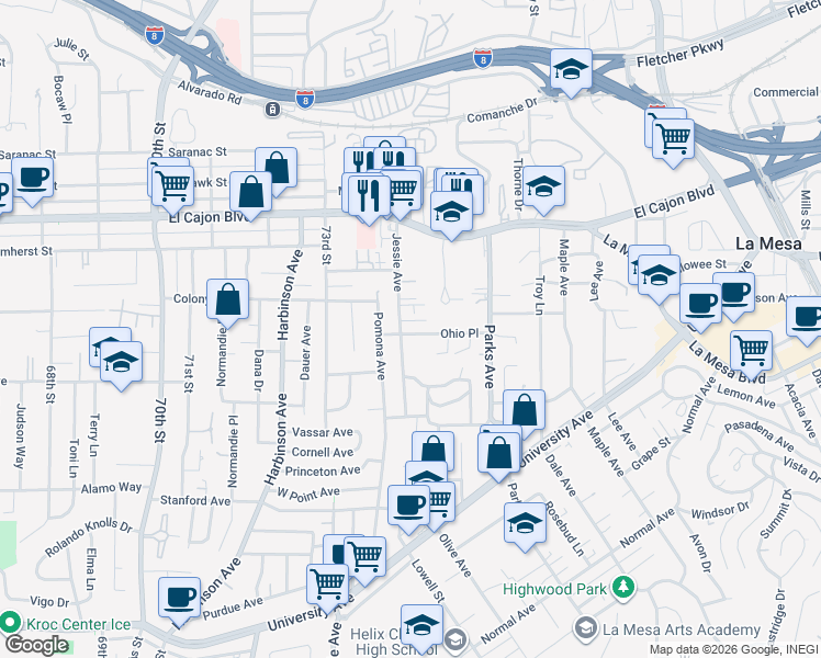 map of restaurants, bars, coffee shops, grocery stores, and more near 4686 Jessie Avenue in La Mesa