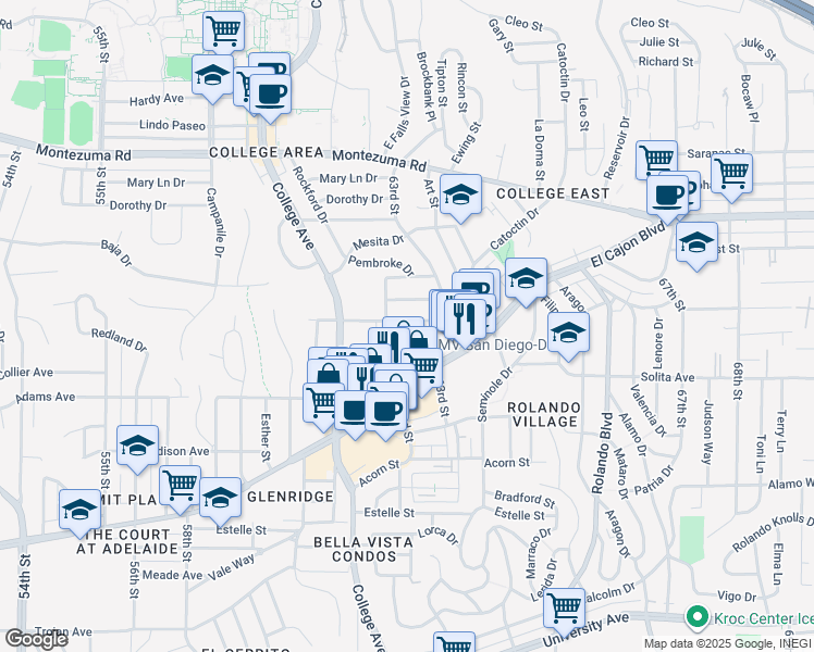 map of restaurants, bars, coffee shops, grocery stores, and more near 6244 El Cajon Boulevard in San Diego