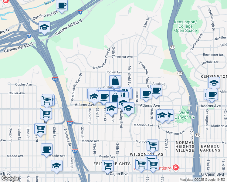 map of restaurants, bars, coffee shops, grocery stores, and more near 4752 Hawley Boulevard in San Diego